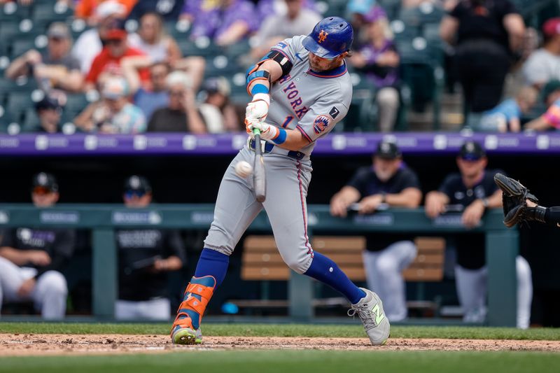 Jun 8, 2025; Denver, Colorado, USA; New York Mets second baseman Jeff McNeil (1) hits a double in the seventh inning against the Colorado Rockies at Coors Field. Mandatory Credit: Isaiah J. Downing-Imagn Images