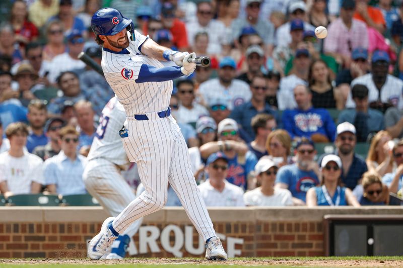 Jun 19, 2024; Chicago, Illinois, USA; Chicago Cubs shortstop Dansby Swanson (7) hits a two-run single against the San Francisco Giants during the seventh inning at Wrigley Field. Mandatory Credit: Kamil Krzaczynski-USA TODAY Sports