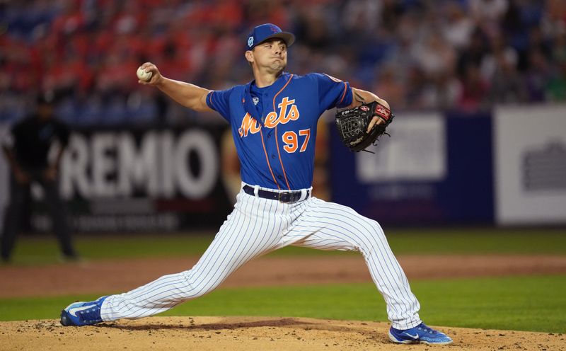 Feb 25, 2023; Port St. Lucie, Florida, USA;  New York Mets pitcher Hunter Parsons (97) pitches against the Miami Marlins in the second inning Clover Park. Mandatory Credit: Jim Rassol-USA TODAY Sports