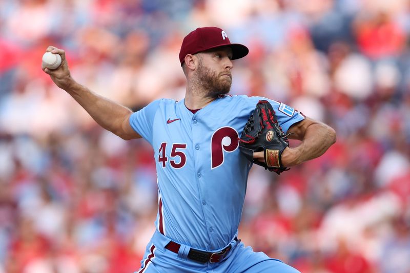 Aug 15, 2024; Philadelphia, Pennsylvania, USA; Philadelphia Phillies pitcher Zack Wheeler (45) throws a pitch during the first inning against the Washington Nationals at Citizens Bank Park. Mandatory Credit: Bill Streicher-USA TODAY Sports