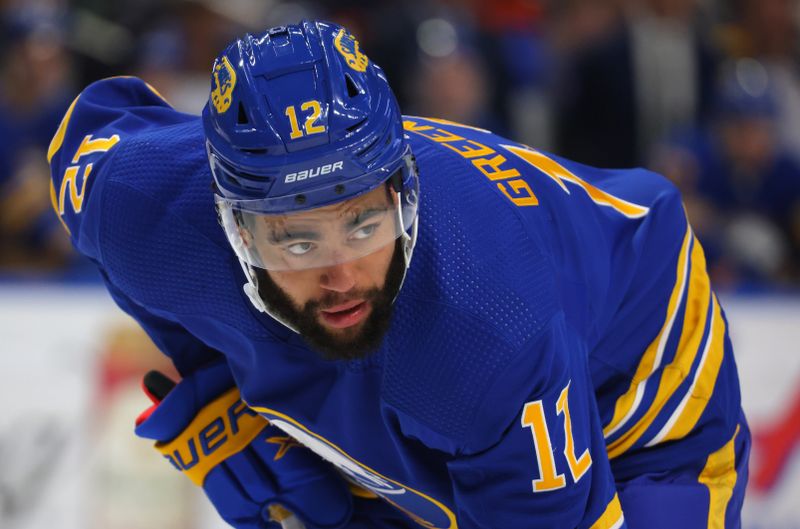 Mar 6, 2023; Buffalo, New York, USA;  Buffalo Sabres left wing Jordan Greenway (12) waits for the face-off during the second period against the Edmonton Oilers at KeyBank Center. Mandatory Credit: Timothy T. Ludwig-USA TODAY Sports