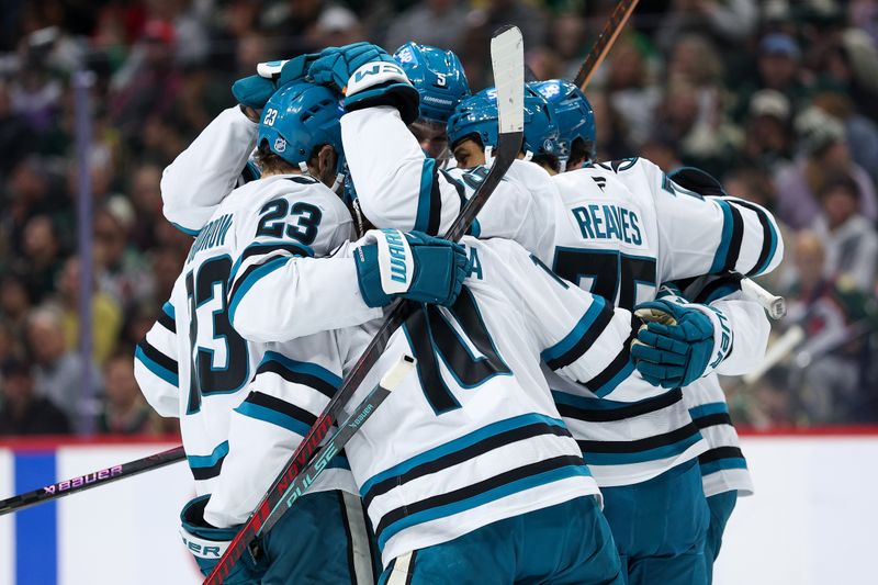 Oct 26, 2025; Saint Paul, Minnesota, USA; San Jose Sharks right wing Ryan Reaves (75) celebrates his goal with teammates during the second period against the Minnesota Wild at Grand Casino Arena. Mandatory Credit: Matt Krohn-Imagn Images
