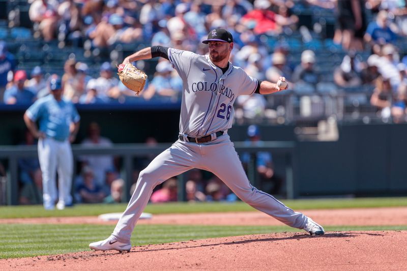 Jun 3, 2023; Kansas City, Missouri, USA;  Colorado Rockies starting pitcher Austin Gomber (26) pitches during the first inning against the Kansas City Royals at Kauffman Stadium. Mandatory Credit: William Purnell-USA TODAY Sports