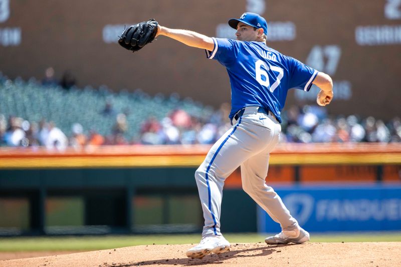 Apr 26, 2024; Detroit, Michigan, USA; Kansas City Royals pitcher Seth Lugo (67) throws in the first inning against the Detroit Tigers at Comerica Park. Mandatory Credit: David Reginek-USA TODAY Sports