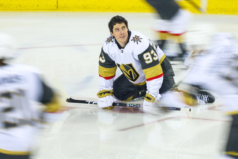 Dec 20, 2025; Calgary, Alberta, CAN; Vegas Golden Knights right wing Mitch Marner (93) during the warmup period against the Calgary Flames at Scotiabank Saddledome. Mandatory Credit: Sergei Belski-Imagn Images