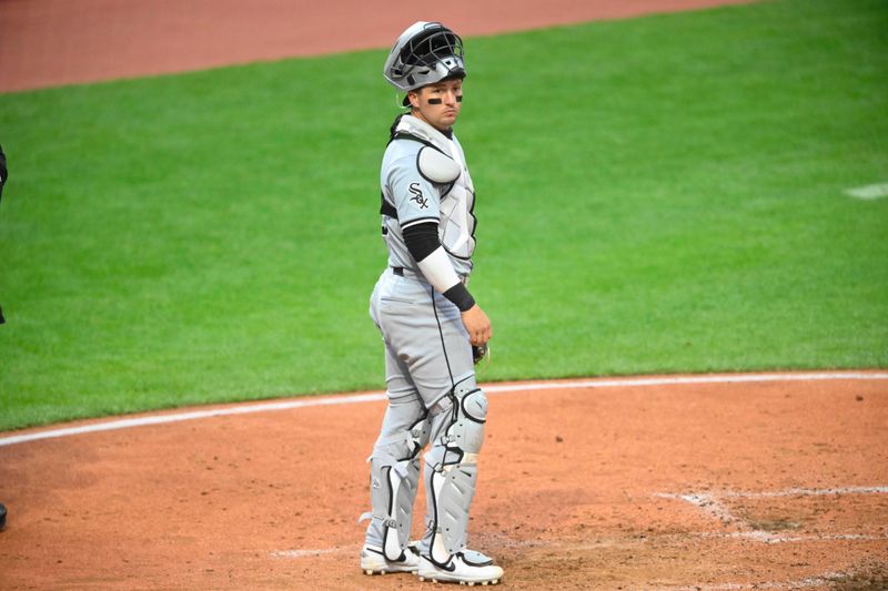 Apr 10, 2024; Cleveland, Ohio, USA; Chicago White Sox catcher Korey Lee (26) stands on the field in the fourth inning against the Cleveland Guardians at Progressive Field. Mandatory Credit: David Richard-USA TODAY Sports