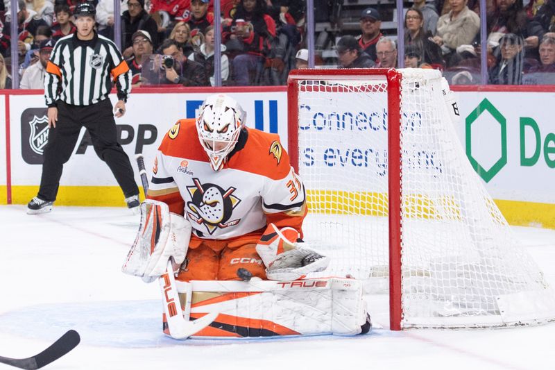 Mar 14, 2026; Ottawa, Ontario, CAN; Anaheim Ducks goalie Ville Husso (33) makes a save in the first period against the Ottawa Senators at the Canadian Tire Centre. Mandatory Credit: Marc DesRosiers-IMAGN Images Mar 14, 2026; Ottawa, Ontario, CAN; Anaheim Ducks goalie Ville Husso (33) makes a save in the first period against the Ottawa Senators at the Canadian Tire Centre. Mandatory Credit: Marc DesRosiers-IMAGN Images