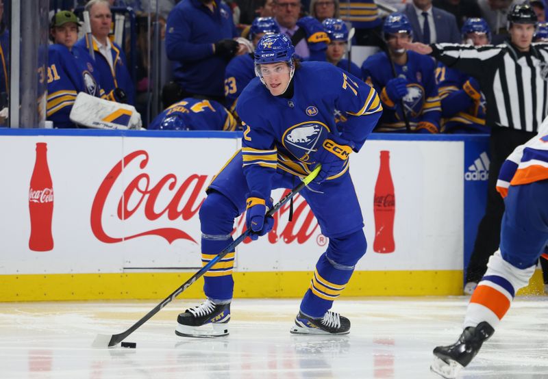 Mar 14, 2024; Buffalo, New York, USA;  Buffalo Sabres right wing Tage Thompson (72) looks to make a pass during the second period against the New York Islanders at KeyBank Center. Mandatory Credit: Timothy T. Ludwig-USA TODAY Sports