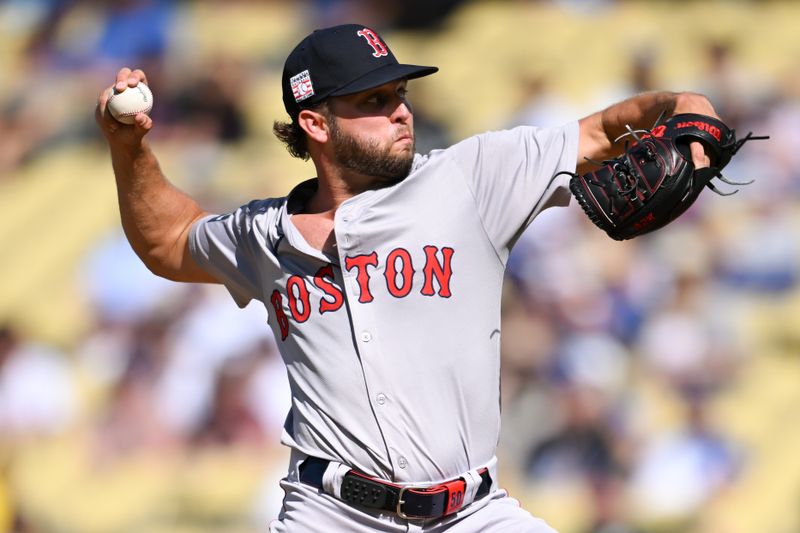 Jul 21, 2024; Los Angeles, California, USA; Boston Red Sox pitcher Kutter Crawford (50) throws a pitch against the Los Angeles Dodgers during the first inning at Dodger Stadium. Mandatory Credit: Jonathan Hui-USA TODAY Sports