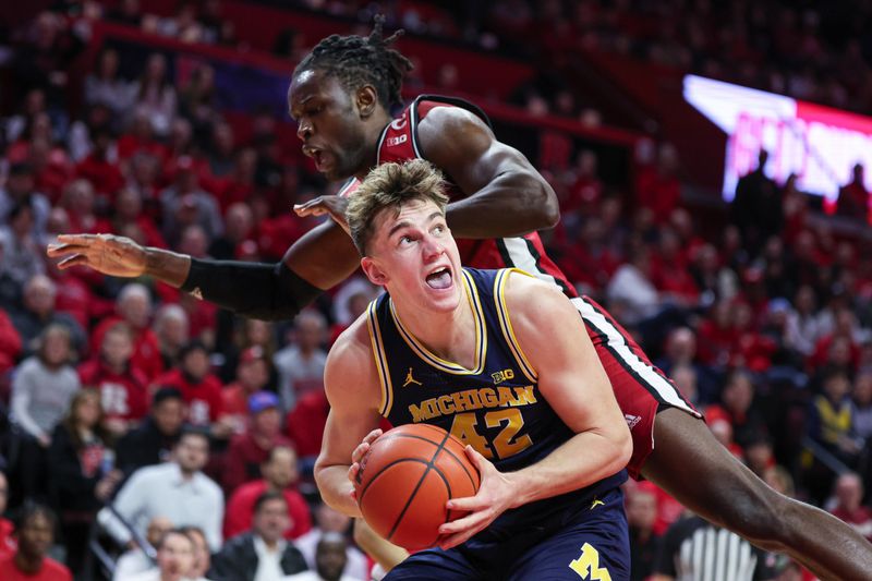 Feb 29, 2024; Piscataway, New Jersey, USA; Michigan Wolverines forward Will Tschetter (42) looks to the basket as Rutgers Scarlet Knights center Clifford Omoruyi (11) defends during the first half at Jersey Mike's Arena. Mandatory Credit: Vincent Carchietta-USA TODAY Sports