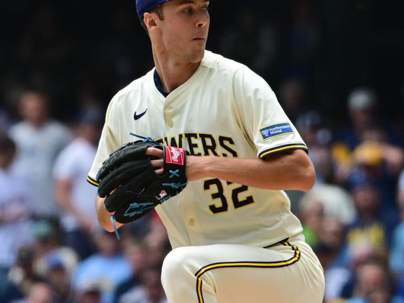 Jun 25, 2025; Milwaukee, Wisconsin, USA;  Milwaukee Brewers starting pitcher Jacob Misiorowski (32) throws a pitch in the first inning against the Milwaukee Brewers at American Family Field. Mandatory Credit: Benny Sieu-Imagn Images