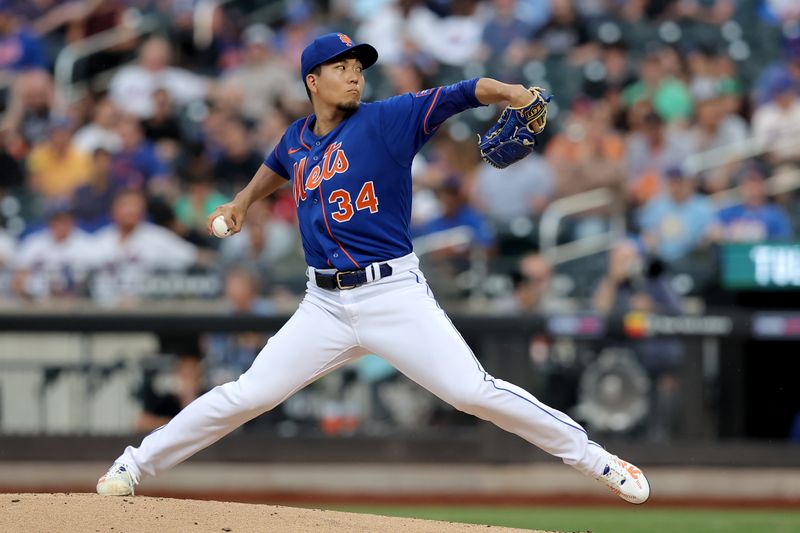 Jun 28, 2023; New York City, New York, USA; New York Mets starting pitcher Kodai Senga (34) pitches against the Milwaukee Brewers during the second inning at Citi Field. Mandatory Credit: Brad Penner-USA TODAY Sports