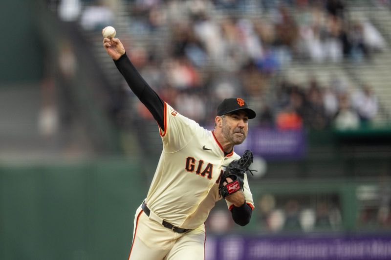 May 12, 2025; San Francisco, California, USA; San Francisco Giants starting pitcher Justin Verlander (35) delivers a pitch against the Arizona Diamondbacks during the first inning at Oracle Park. Mandatory Credit: Neville E. Guard-Imagn Images