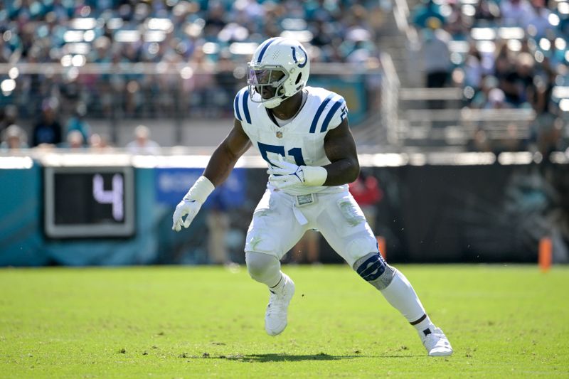 Indianapolis Colts defensive end Samson Ebukam (52) follows a play against the Jacksonville Jaguars during the second half of an NFL football game, Sunday, Oct. 15, 2023, in Jacksonville, Fla. (AP Photo/Phelan M. Ebenhack)