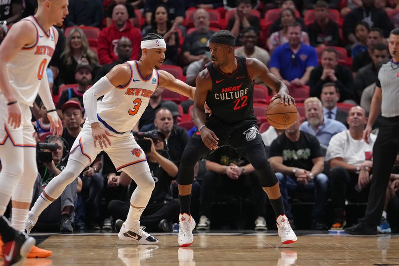 MIAMI, FL - APRIL 2: Jimmy Butler #22 of the Miami Heat dribbles the ball during the game against the New York Knicks on April 2, 2024 at Kaseya Center in Miami, Florida. NOTE TO USER: User expressly acknowledges and agrees that, by downloading and or using this Photograph, user is consenting to the terms and conditions of the Getty Images License Agreement. Mandatory Copyright Notice: Copyright 2024 NBAE (Photo by Eric Espada/NBAE via Getty Images)