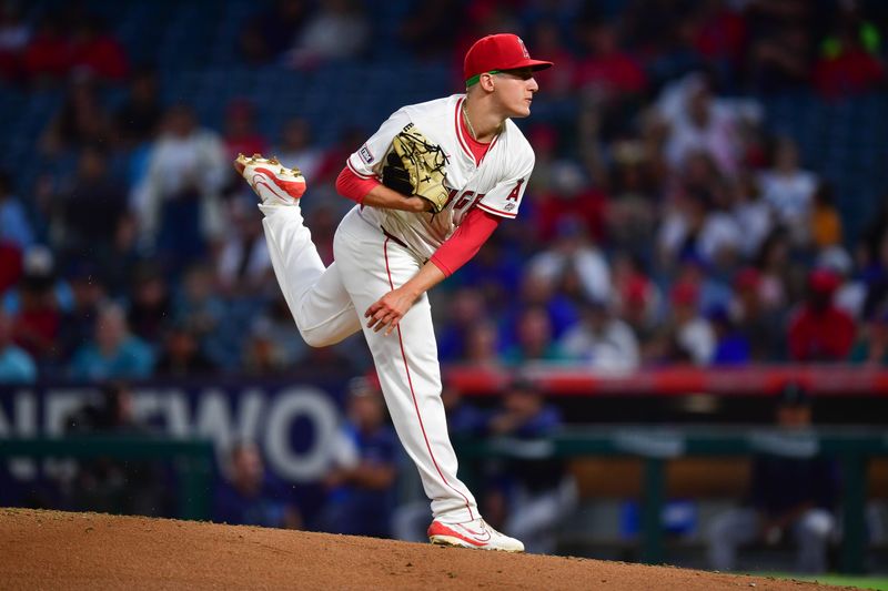 Aug 30, 2024; Anaheim, California, USA; Los Angeles Angels pitcher Samuel Aldegheri (66) throws against the Seattle Mariners during the fourth inning in his major league debut at Angel Stadium. Mandatory Credit: Gary A. Vasquez-USA TODAY Sports