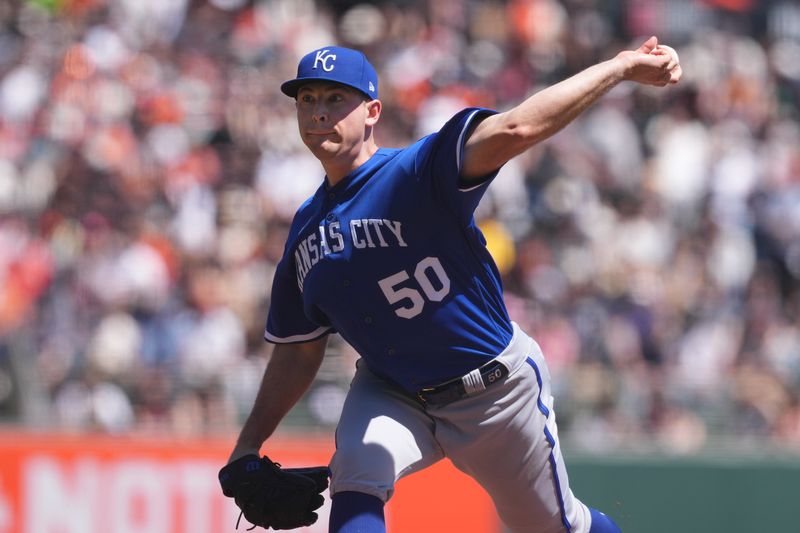 Apr 9, 2023; San Francisco, California, USA; Kansas City Royals starting pitcher Kris Bubic (50) throws a pitch against the San Francisco Giants during the first inning at Oracle Park. Mandatory Credit: Darren Yamashita-USA TODAY Sports