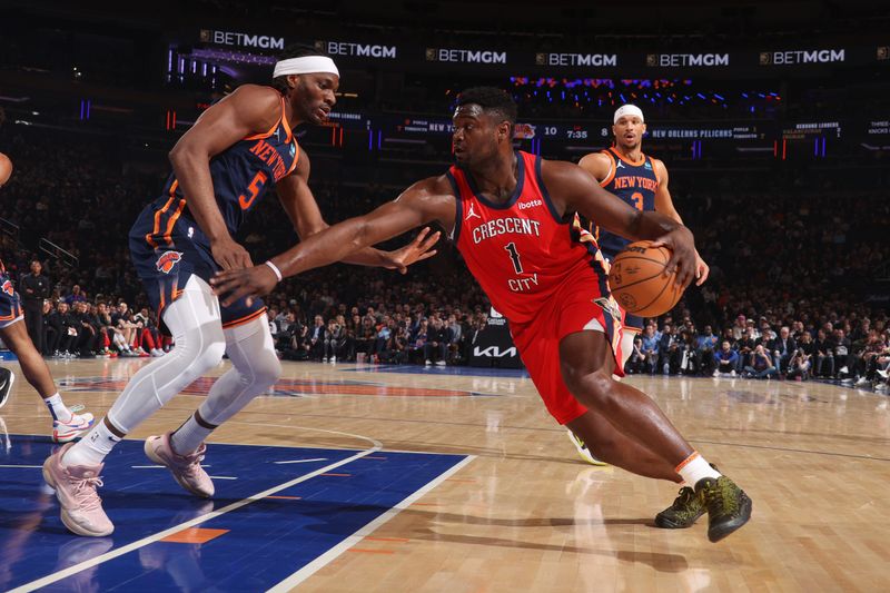 NEW YORK, NY - FEBRUARY 27:  Zion Williamson #1 of the New Orleans Pelicans goes to the basket during the game on February 27, 2024 at Madison Square Garden in New York City, New York.  NOTE TO USER: User expressly acknowledges and agrees that, by downloading and or using this photograph, User is consenting to the terms and conditions of the Getty Images License Agreement. Mandatory Copyright Notice: Copyright 2024 NBAE  (Photo by Nathaniel S. Butler/NBAE via Getty Images)