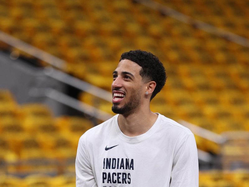 INDIANAPOLIS, IN - MAY 9: Tyrese Haliburton #0 of the Indiana Pacers warms up before the game against the Cleveland Cavaliers during Round 2 Game 3 on May 9, 2025 at Gainbridge Fieldhouse in Indianapolis, Indiana. NOTE TO USER: User expressly acknowledges and agrees that, by downloading and or using this Photograph, user is consenting to the terms and conditions of the Getty Images License Agreement. Mandatory Copyright Notice: Copyright 2025 NBAE (Photo by Joe Murphy/NBAE via Getty Images)