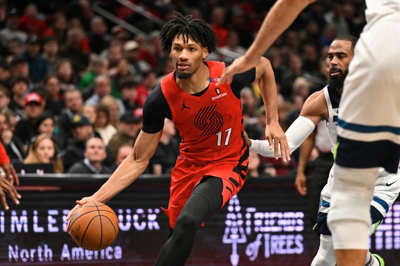 PORTLAND, OREGON - NOVEMBER 12: Shaedon Sharpe #17 of the Portland Trail Blazers dribbles during the fourth quarter of the Emirates NBA Cup game against the Minnesota Timberwolves at Moda Center on November 12, 2024 in Portland, Oregon. The Portland Trail Blazers won 122-108. NOTE TO USER: User expressly acknowledges and agrees that, by downloading and or using this photograph, User is consenting to the terms and conditions of the Getty Images License Agreement. (Photo by Alika Jenner/Getty Images)