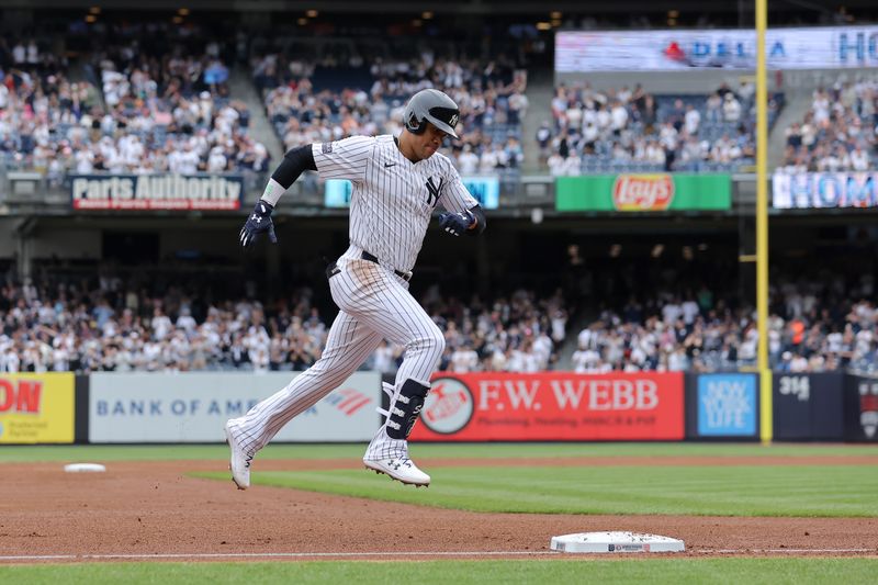 May 18, 2024; Bronx, New York, USA; New York Yankees right fielder Juan Soto (22) rounds the bases after hitting a solo home run during the first inning against the Chicago White Sox at Yankee Stadium. Mandatory Credit: Brad Penner-USA TODAY Sports