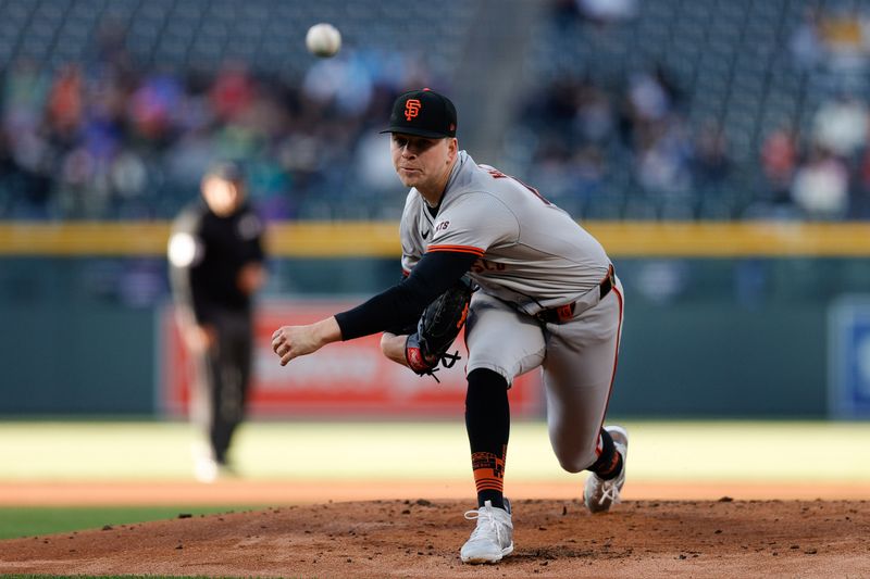 May 7, 2024; Denver, Colorado, USA; San Francisco Giants starting pitcher Kyle Harrison (45) pitches in the first inning against the Colorado Rockies at Coors Field. Mandatory Credit: Isaiah J. Downing-USA TODAY Sports