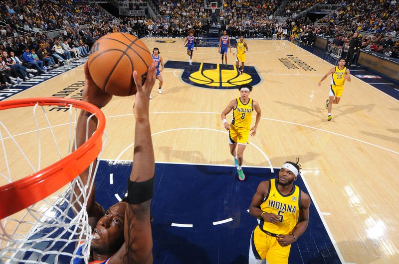 INDIANAPOLIS, IN - NOVEMBER 10:  OG Anunoby #8 of the New York Knicks dunks the ball during the game against the Indiana Pacers during a regular season game on November 10, 2024 at Gainbridge Fieldhouse in Indianapolis, Indiana. NOTE TO USER: User expressly acknowledges and agrees that, by downloading and or using this Photograph, user is consenting to the terms and conditions of the Getty Images License Agreement. Mandatory Copyright Notice: Copyright 2024 NBAE (Photo by Ron Hoskins/NBAE via Getty Images)