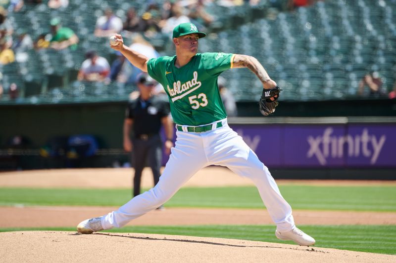 May 26, 2024; Oakland, California, USA; Oakland Athletics starting pitcher Aaron Brooks (53) throws a pitch against the Houston Astros during the first inning at Oakland-Alameda County Coliseum. Mandatory Credit: Robert Edwards-USA TODAY Sports