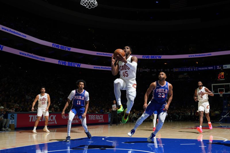 PHILADELPHIA, PA - NOVEMBER 13: Donovan Mitchell #45 of the Cleveland Cavaliers drives to the basket during the game against the Philadelphia 76ers on November 13, 2024 at the Wells Fargo Center in Philadelphia, Pennsylvania NOTE TO USER: User expressly acknowledges and agrees that, by downloading and/or using this Photograph, user is consenting to the terms and conditions of the Getty Images License Agreement. Mandatory Copyright Notice: Copyright 2024 NBAE (Photo by Jesse D. Garrabrant/NBAE via Getty Images)