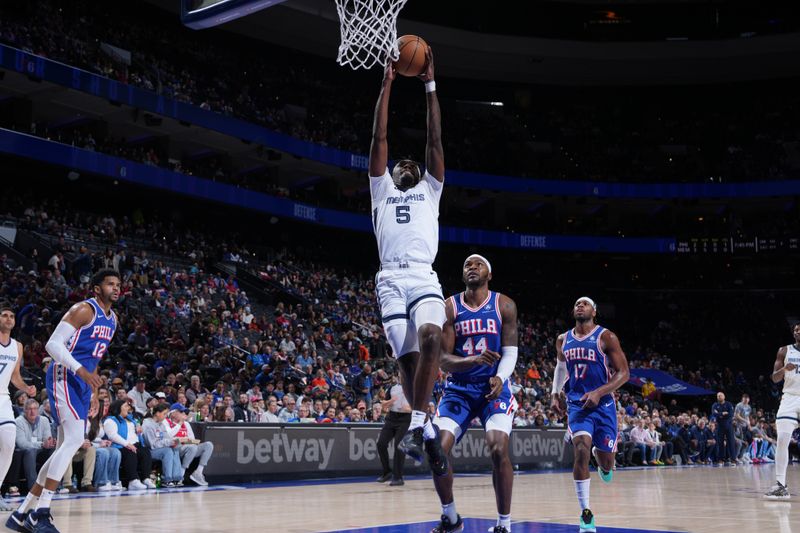 PHILADELPHIA, PA - MARCH 6: Vince Williams Jr. #5 of the Memphis Grizzlies drives to the basket during the game against the Philadelphia 76ers on March 6, 2024 at the Wells Fargo Center in Philadelphia, Pennsylvania NOTE TO USER: User expressly acknowledges and agrees that, by downloading and/or using this Photograph, user is consenting to the terms and conditions of the Getty Images License Agreement. Mandatory Copyright Notice: Copyright 2024 NBAE (Photo by Jesse D. Garrabrant/NBAE via Getty Images)