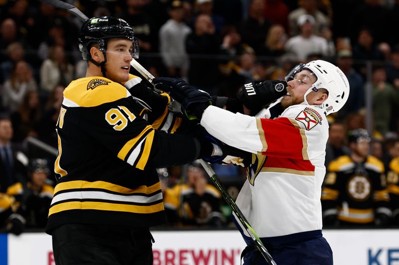 Oct 14, 2024; Boston, Massachusetts, USA; Boston Bruins defenseman Nikita Zadorov (91) mixes it up with Florida Panthers center Sam Bennett (9) during the first period at TD Garden. Mandatory Credit: Winslow Townson-Imagn Images