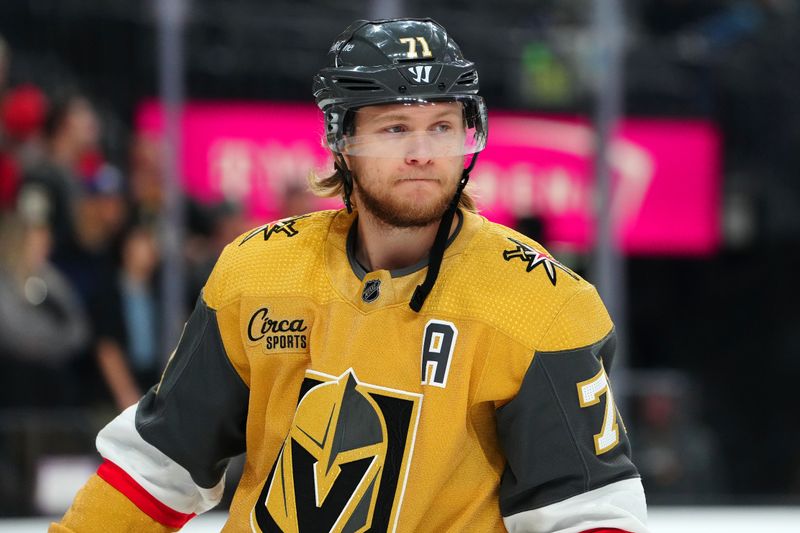 Nov 25, 2023; Las Vegas, Nevada, USA; Vegas Golden Knights center William Karlsson (71) warms up before a game against the Arizona Coyotes at T-Mobile Arena. Mandatory Credit: Stephen R. Sylvanie-USA TODAY Sports