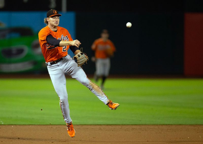 Aug 19, 2023; Oakland, California, USA; Baltimore Orioles third baseman Gunnar Henderson (2) throws out Oakland Athletics shortstop Nick Allen (not pictured) at first base during the ninth inning at Oakland-Alameda County Coliseum. Mandatory Credit: D. Ross Cameron-USA TODAY Sports