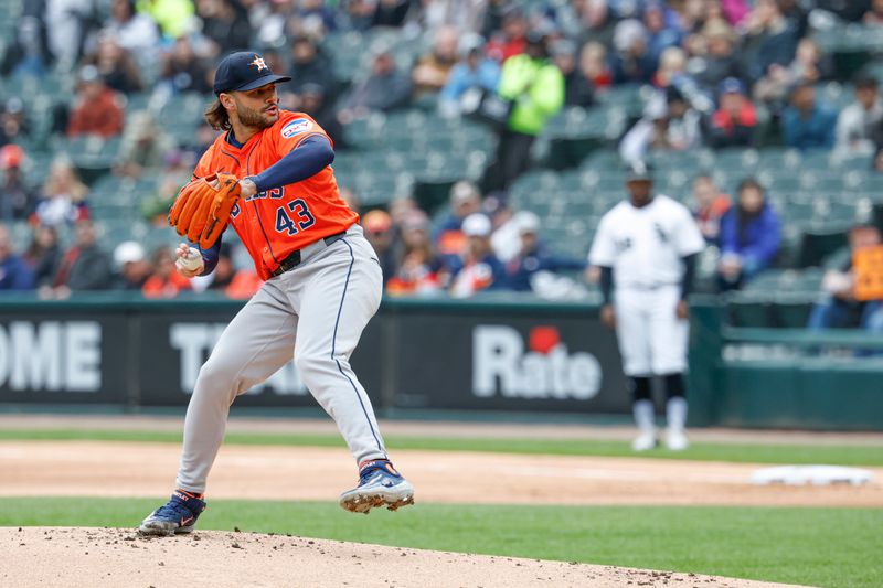 May 4, 2025; Chicago, Illinois, USA; Houston Astros starting pitcher Lance McCullers Jr. (43) delivers a pitch against the Chicago White Sox during the first inning at Rate Field. Mandatory Credit: Kamil Krzaczynski-Imagn Images