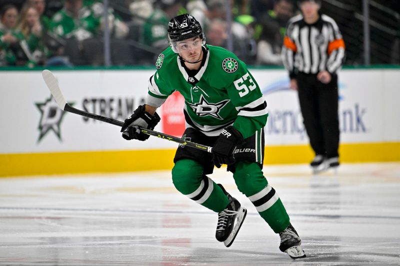 Nov 14, 2023; Dallas, Texas, USA; Dallas Stars center Wyatt Johnston (53) skates against the Arizona Coyotes during the second period at the American Airlines Center. Mandatory Credit: Jerome Miron-USA TODAY Sports