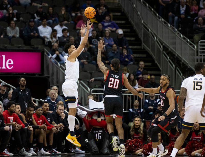 Mar 8, 2023; Kansas City, MO, USA; West Virginia Mountaineers forward Tre Mitchell (3) shoots the ball against Texas Tech Red Raiders guard Jaylon Tyson (20) in the first half at T-Mobile Center. Mandatory Credit: Amy Kontras-USA TODAY Sports