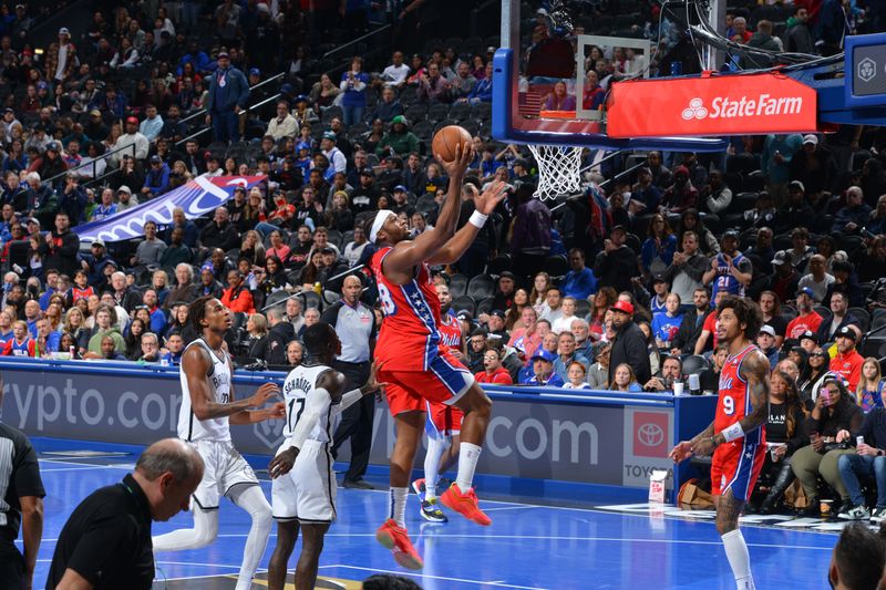 PHILADELPHIA, PA - NOVEMBER 22: Guerschon Yabusele #28 of the Philadelphia 76ers drives to the basket during the game against the Brooklyn Nets during the Emirates NBA Cup game on November 22, 2024 at the Wells Fargo Center in Philadelphia, Pennsylvania NOTE TO USER: User expressly acknowledges and agrees that, by downloading and/or using this Photograph, user is consenting to the terms and conditions of the Getty Images License Agreement. Mandatory Copyright Notice: Copyright 2024 NBAE (Photo by Jesse D. Garrabrant/NBAE via Getty Images)