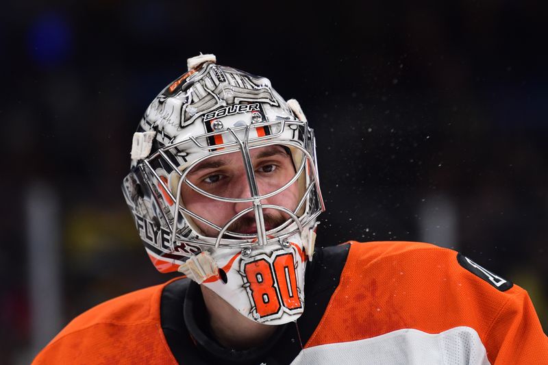 Jan 29, 2026; Boston, Massachusetts, USA; Philadelphia Flyers goaltender Dan Vladar (80) during the third period against the Boston Bruins at TD Garden. Mandatory Credit: Bob DeChiara-Imagn Images
