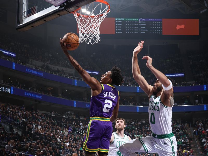 SALT LAKE CITY, UT - MARCH 12:  Colin Sexton #2 of the Utah Jazz goes to the basket during the game on March 12, 2024 at Delta Center in Salt Lake City, Utah. NOTE TO USER: User expressly acknowledges and agrees that, by downloading and or using this Photograph, User is consenting to the terms and conditions of the Getty Images License Agreement. Mandatory Copyright Notice: Copyright 2024 NBAE (Photo by Melissa Majchrzak/NBAE via Getty Images)
