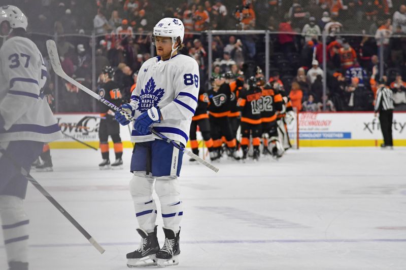 Mar 19, 2024; Philadelphia, Pennsylvania, USA; Toronto Maple Leafs right wing William Nylander (88) skates off the ice loss to the Philadelphia Flyers at Wells Fargo Center. Mandatory Credit: Eric Hartline-USA TODAY Sports