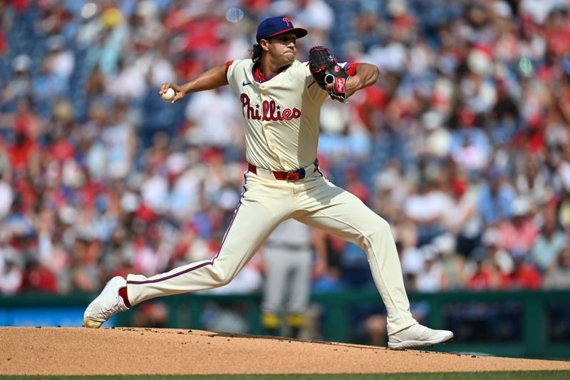 Jul 13, 2024; Philadelphia, Pennsylvania, USA; Philadelphia Phillies starting pitcher Tyler Phillips (48) throws a pitch against the Oakland Athletics in the first inning at Citizens Bank Park. Mandatory Credit: Kyle Ross-USA TODAY Sports