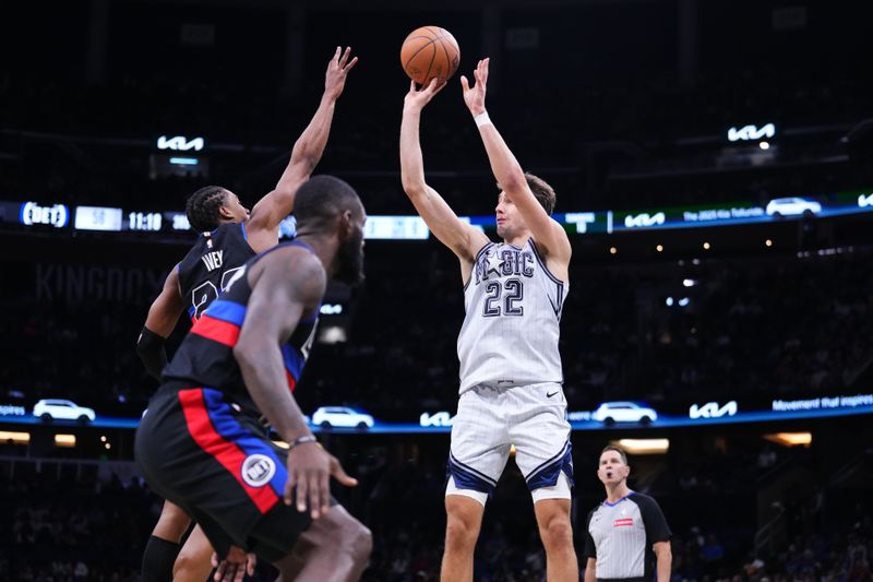 ORLANDO, FLORIDA - NOVEMBER 23: Franz Wagner #22 of the Orlando Magic goes up for a shot against Jaden Ivey #23 of the Detroit Pistons during the third quarter at Kia Center on November 23, 2024 in Orlando, Florida. NOTE TO USER: User expressly acknowledges and agrees that, by downloading and/or using this photograph, user is consenting to the terms and conditions of the Getty Images License Agreement. (Photo by Rich Storry/Getty Images)