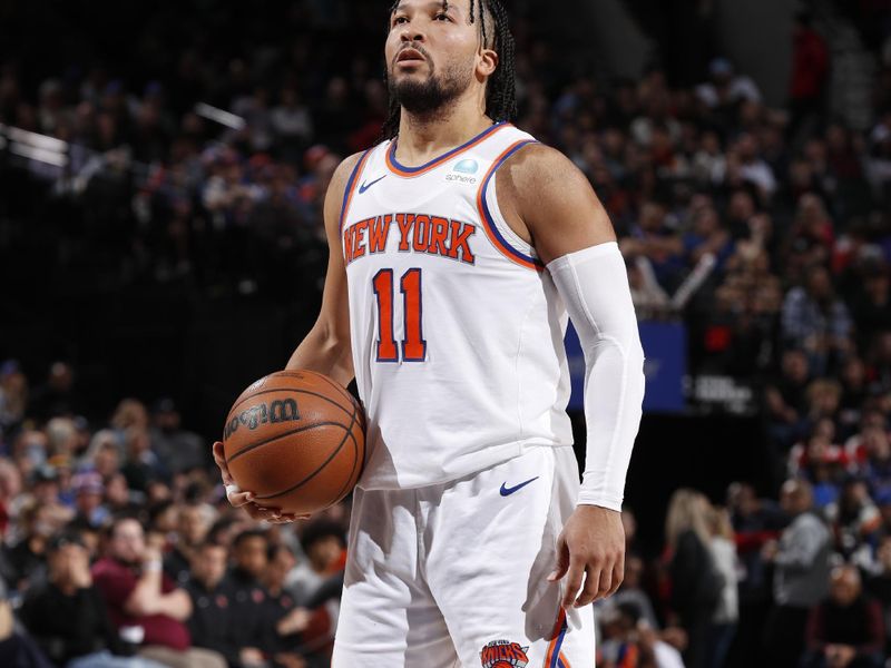 PORTLAND, OR - MARCH 14: Jalen Brunson #11 of the New York Knicks shoots a free throw during the game against the Portland Trail Blazers on March 14, 2024 at the Moda Center Arena in Portland, Oregon. NOTE TO USER: User expressly acknowledges and agrees that, by downloading and or using this photograph, user is consenting to the terms and conditions of the Getty Images License Agreement. Mandatory Copyright Notice: Copyright 2024 NBAE (Photo by Cameron Browne/NBAE via Getty Images)