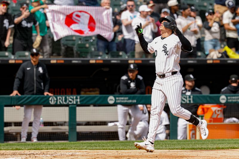 May 1, 2025; Chicago, Illinois, USA; Chicago White Sox third baseman Miguel Vargas (20) rounds the bases after hitting a three-run home run against the Milwaukee Brewers during the sixth inning at Rate Field. Mandatory Credit: Kamil Krzaczynski-Imagn Images