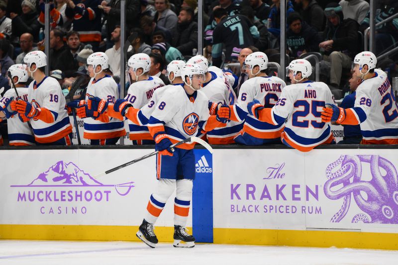 Nov 16, 2023; Seattle, Washington, USA; New York Islanders defenseman Noah Dobson (8) celebrates with the bench after scoring a goal against the Seattle Kraken during the third period at Climate Pledge Arena. Mandatory Credit: Steven Bisig-USA TODAY Sports