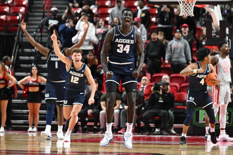 Jan 13, 2024; Las Vegas, Nevada, USA; Utah State Aggies forward Kalifa Sakho (34) reacts to defeating the UNLV Rebels at Thomas & Mack Center. Mandatory Credit: Candice Ward-USA TODAY Sports