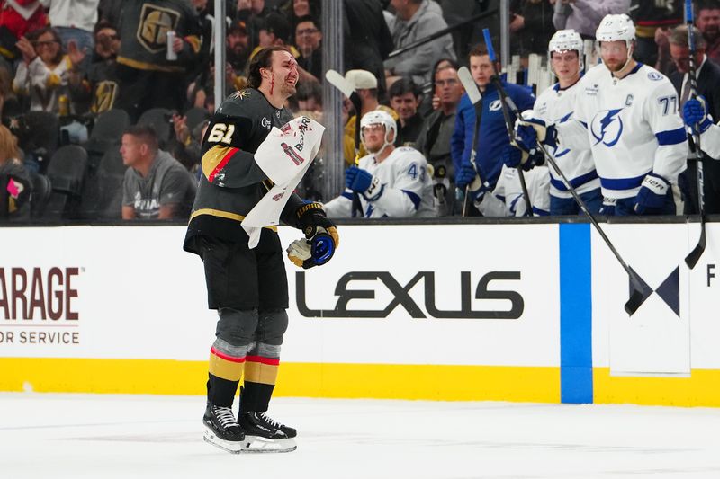 Mar 23, 2025; Las Vegas, Nevada, USA; Vegas Golden Knights right wing Mark Stone (61) skates off the ice after being struck by a puck during a play against the Tampa Bay Lightning in the first period at T-Mobile Arena. Mandatory Credit: Stephen R. Sylvanie-Imagn Images