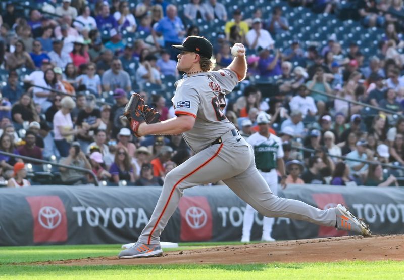 Jul 20, 2024; Denver, Colorado, USA; San Francisco Giants pitcher Logan Webb (62) delivers against the Colorado Rockies in the first inning at Coors Field. Mandatory Credit: John Leyba-USA TODAY Sports