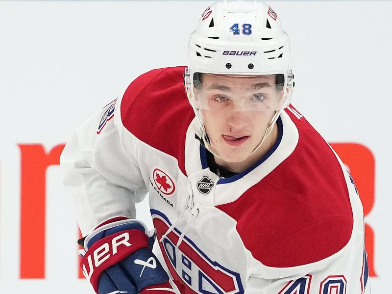 Nov 9, 2024; Toronto, Ontario, CAN;  Montreal Canadiens defenseman Lane Hutson (48) skates during the warmup before a game against the Toronto Maple Leafs at Scotiabank Arena. Mandatory Credit: Nick Turchiaro-Imagn Images