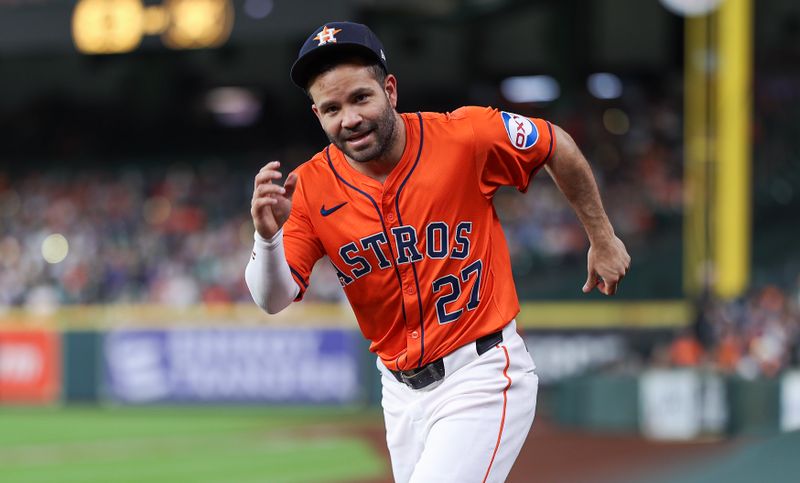 May 3, 2024; Houston, Texas, USA; Houston Astros second baseman Jose Altuve (27) jogs to the dugout before the game against the Seattle Mariners at Minute Maid Park. Mandatory Credit: Troy Taormina-USA TODAY Sports